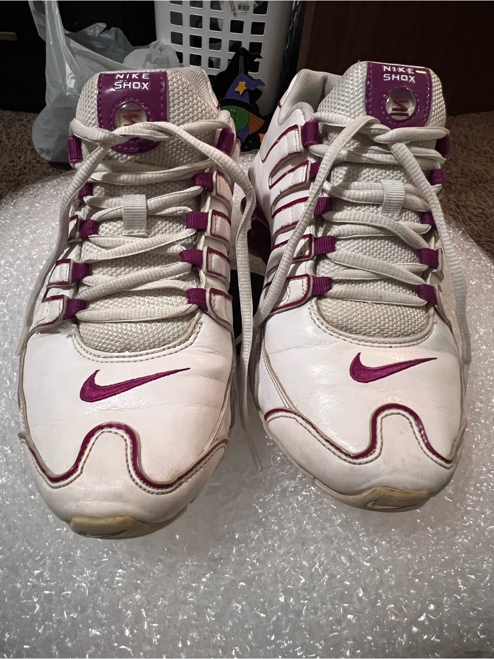 Nike Women’s White and Purple Shox Athletic Sneakers